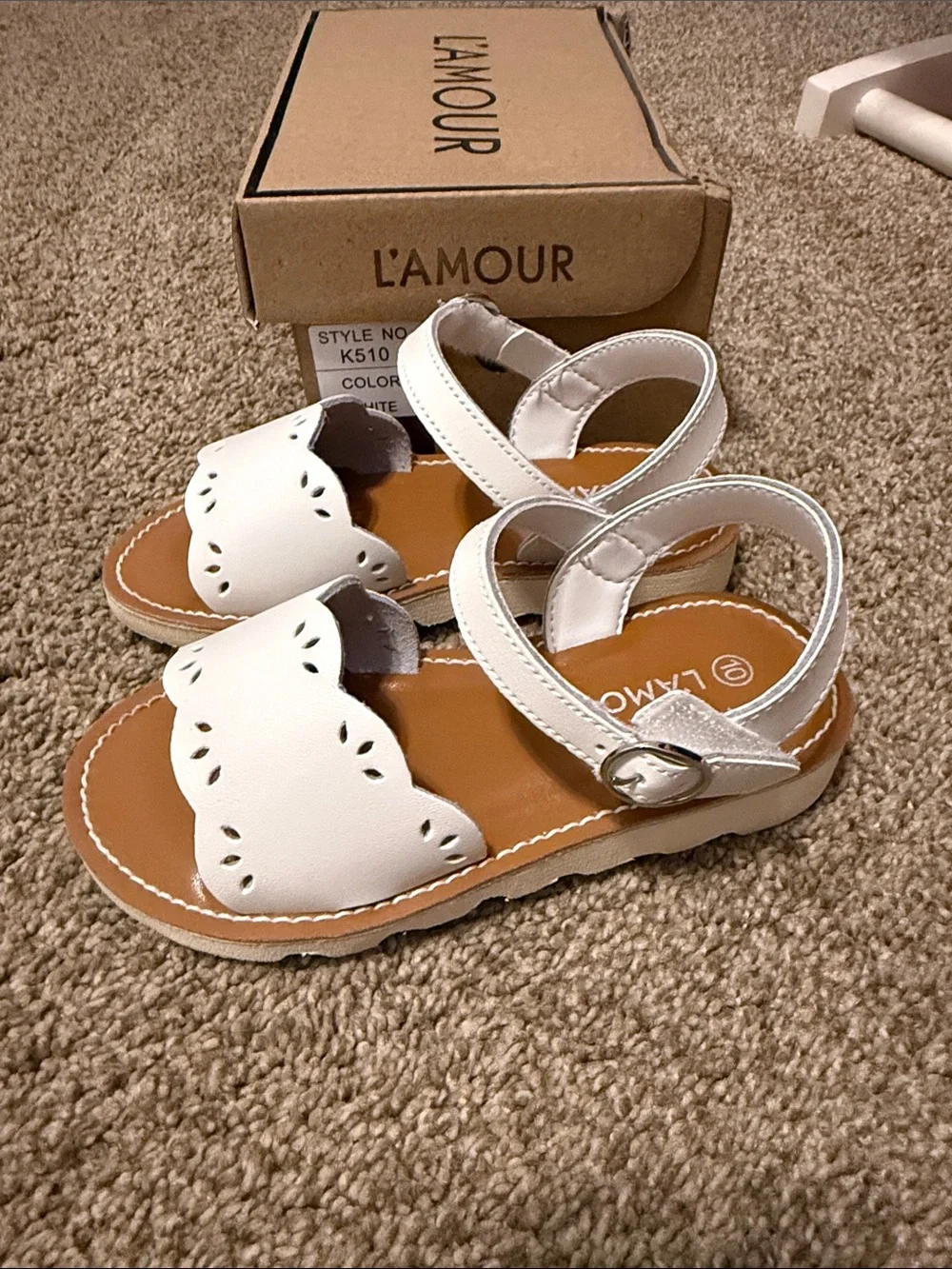 L'Amour White Scalloped Cutout Ankle-Strap Sandals